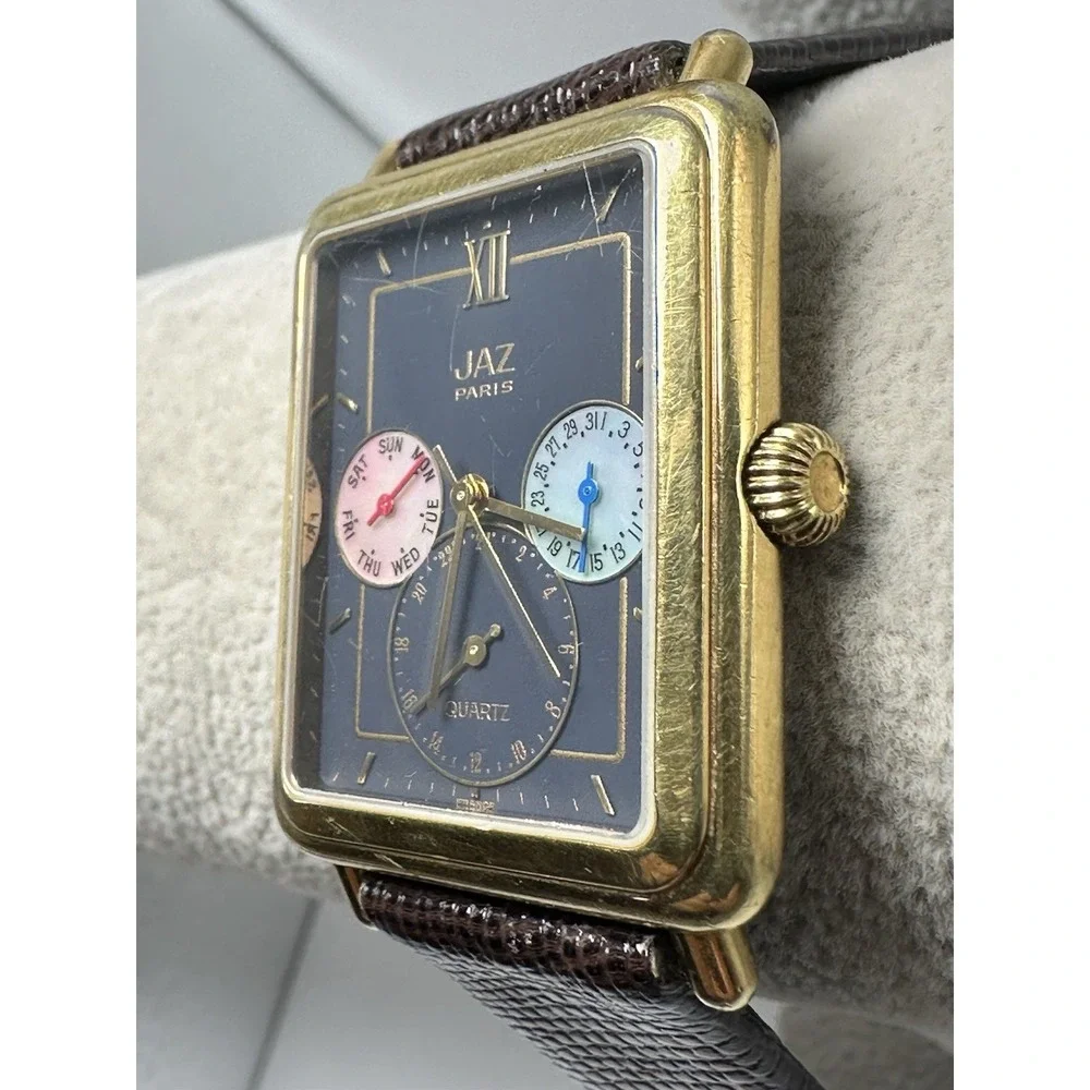 Jaz Paris N5CQ63 Triple Date Tank Watch New Battery 30MM 7.75